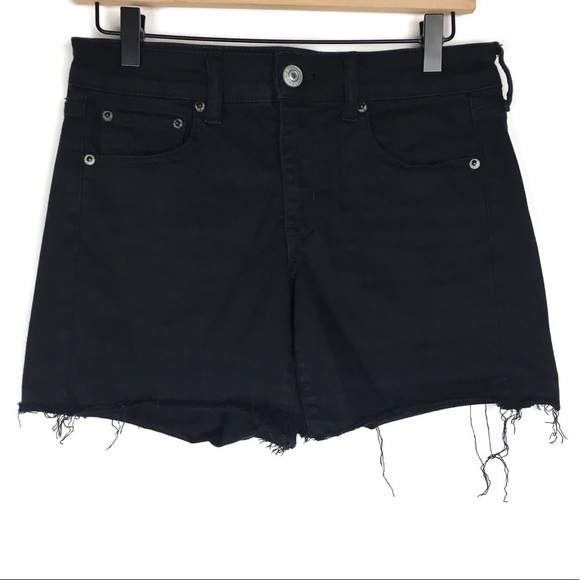 AMERICAN EAGLE Midi Jean Shorts Cut Off Raw Distressed Hem Black Wash Size 4 - Picture 10 of 10